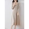 Women's U-Neck 100% Wool Slim Fit Waist-Cinching Over-the-Knee Dress for Autumn and Winter
