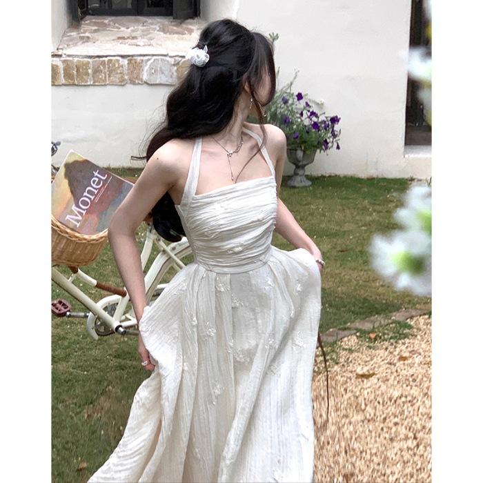 

Neck embroidered dress women s summer new waist temperament niche design sense long skirt polyester S