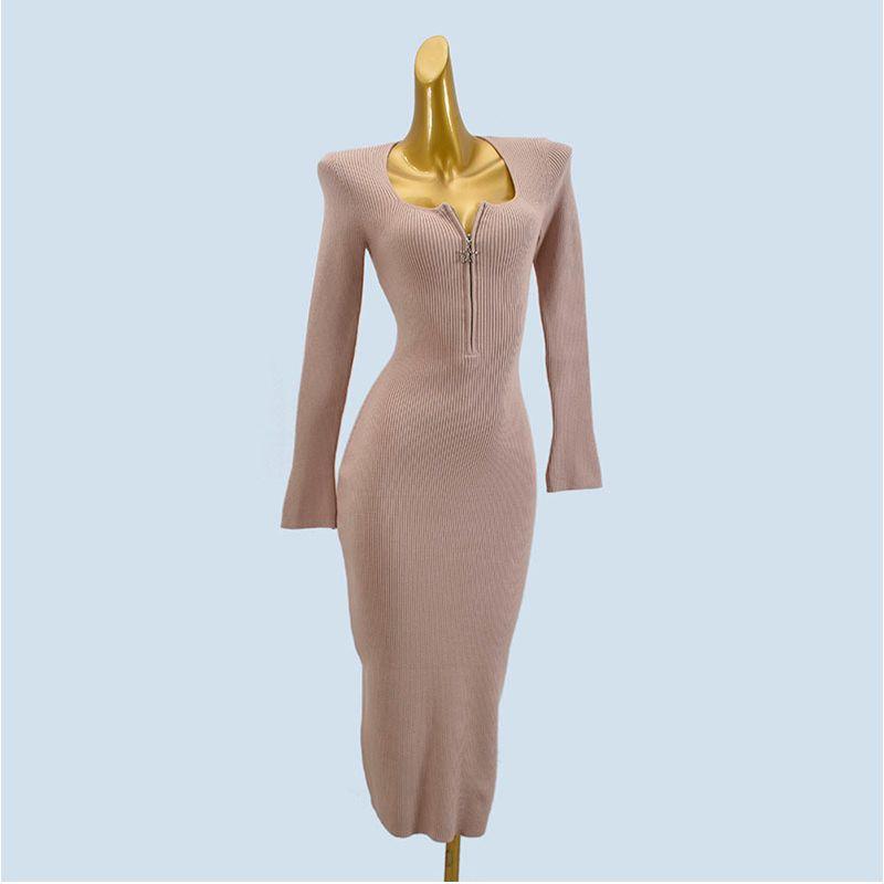 

Withdraw from Cupboard Square Collar Knitting Dress Female Autumn and Winter Slimming Silm Base Sweater Dress Mid Length Long Length Elegant Hip Skirt Pink One size
