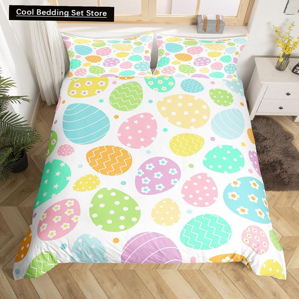 Watercolor Easter Eggs King Queen Bedding Set Happy Easter Themed Duvet Cover Toddlers Rainbow Easter Egg Polyester Quilt Cover