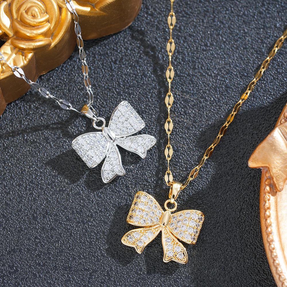 Korean Rhinestone Bow Necklace: Luxurious Zirconia Copper Pendant, Versatile Butterfly Clavicle Chain for Women