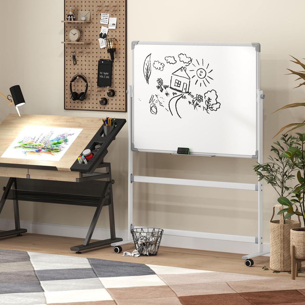 Whiteboard, 120 X 90 Cm, Magnetic, Rotatable, Mobile, Incl. Marker & Eraser, Metal Frame, White