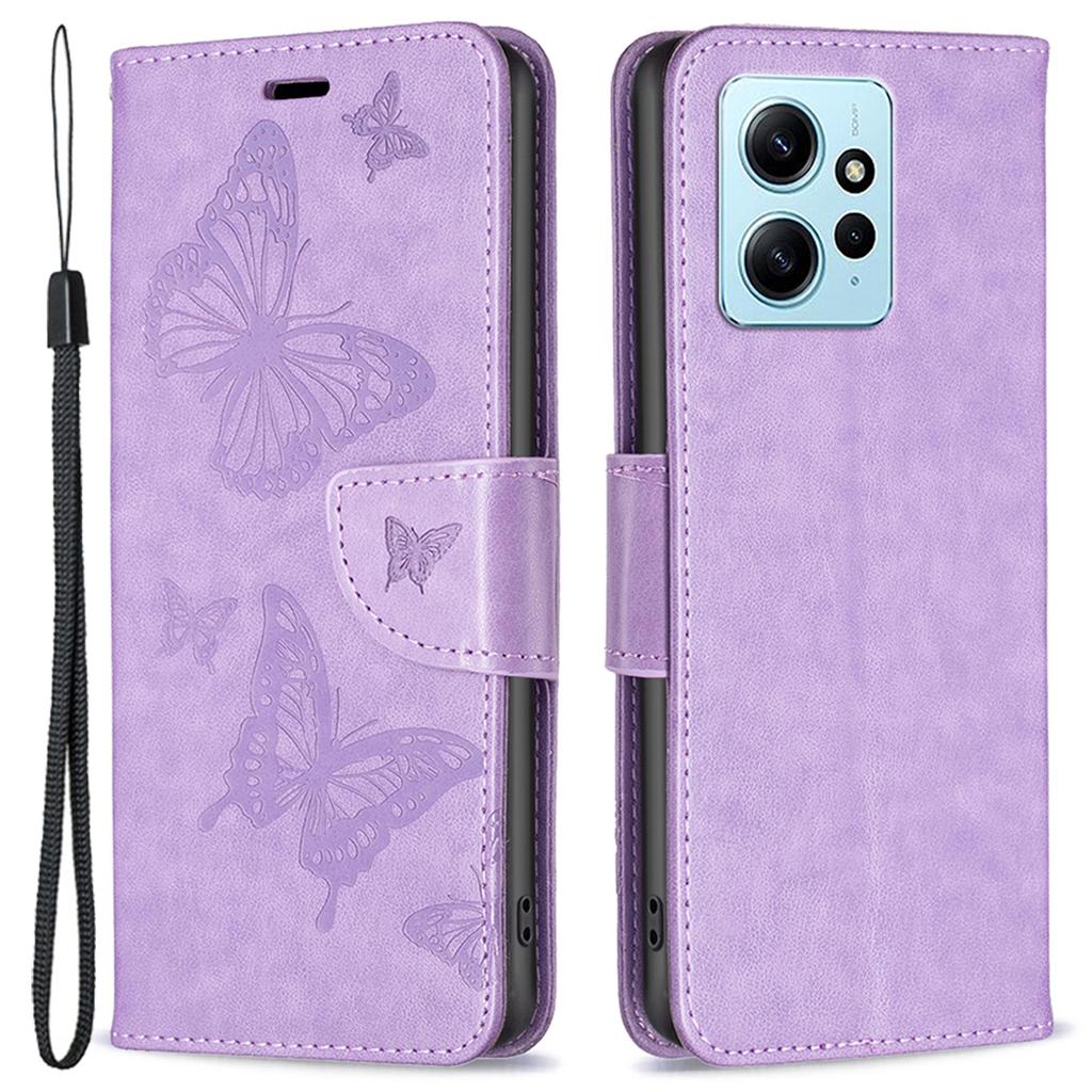 Wallet Stand Case for Xiaomi Redmi Note 12 4G Butterfly Imprinted Leather Phone Cover with Strap