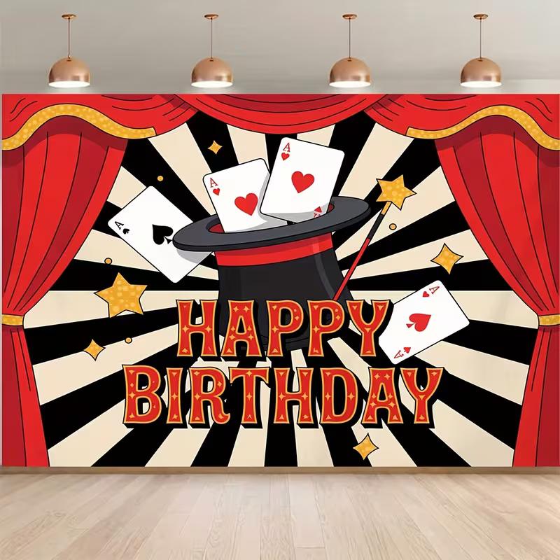 2D Magician Hat & Poker Cards Birthday Party Background