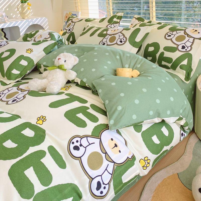 Thickened Pure Abraded Four-piece Set, Single Double Skin-friendly Twill Bed Sheet, Quilt Cover, Dormitory Three-piece Set, Bedding