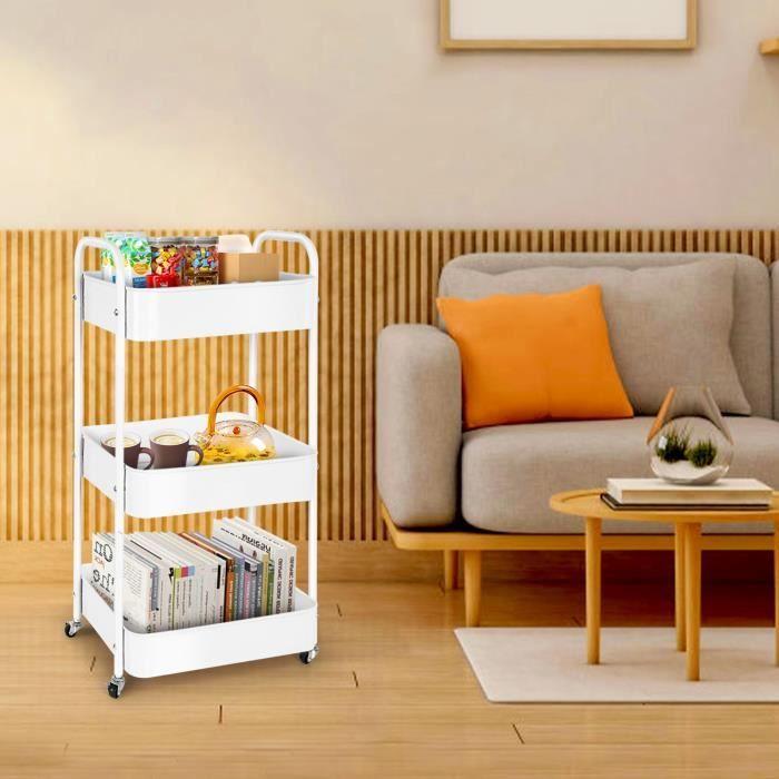 Chariot de Rangement - Blanc - 3 Niveaux - Roulettes - 41x30,5x76 cm - Meuble de Cuisine