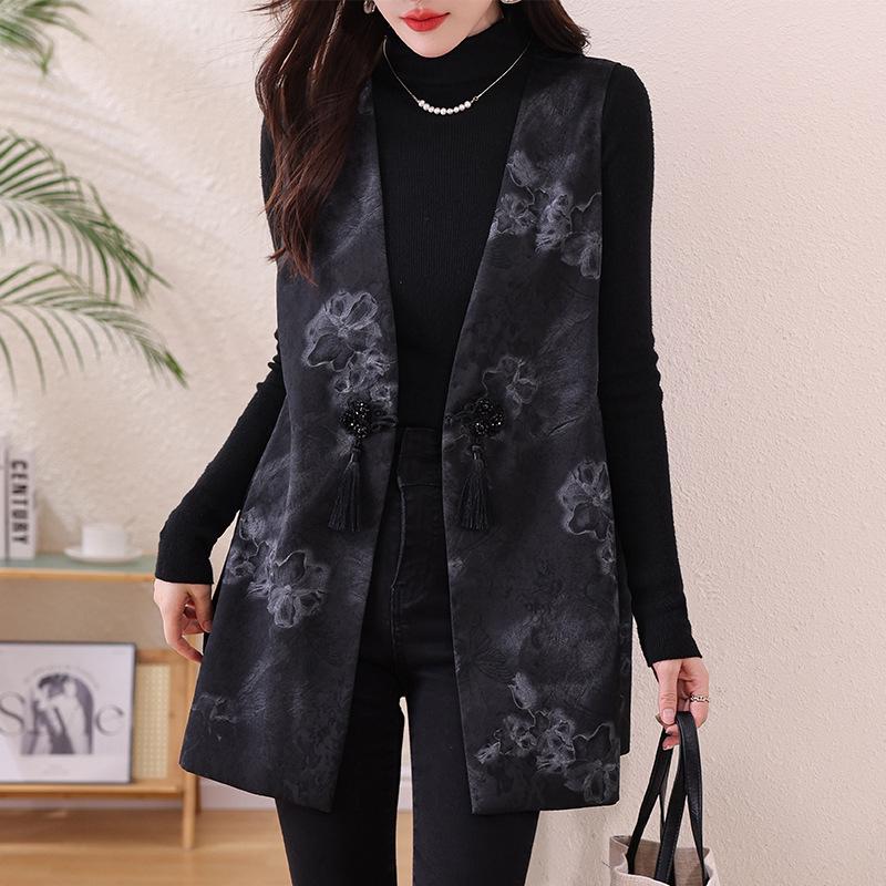 Plus Size Women s Sleeveless Frog Button Printed Vest Cardigan - Spring/Autumn Mid-Length 3XL