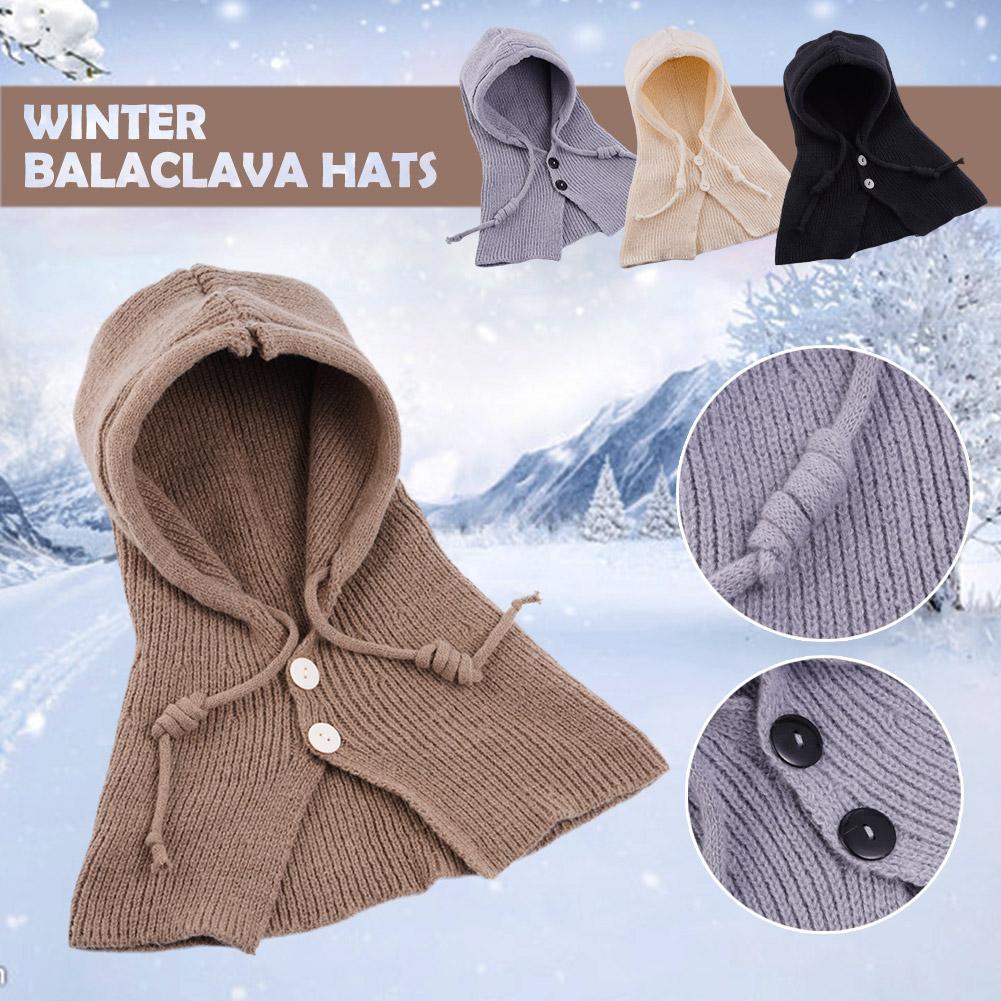 Winter Fashion Knitted Hooded Hat Women Grey Neck Cover Balaclava Beanies Korean Trend Y2k Wool Pullover Hat