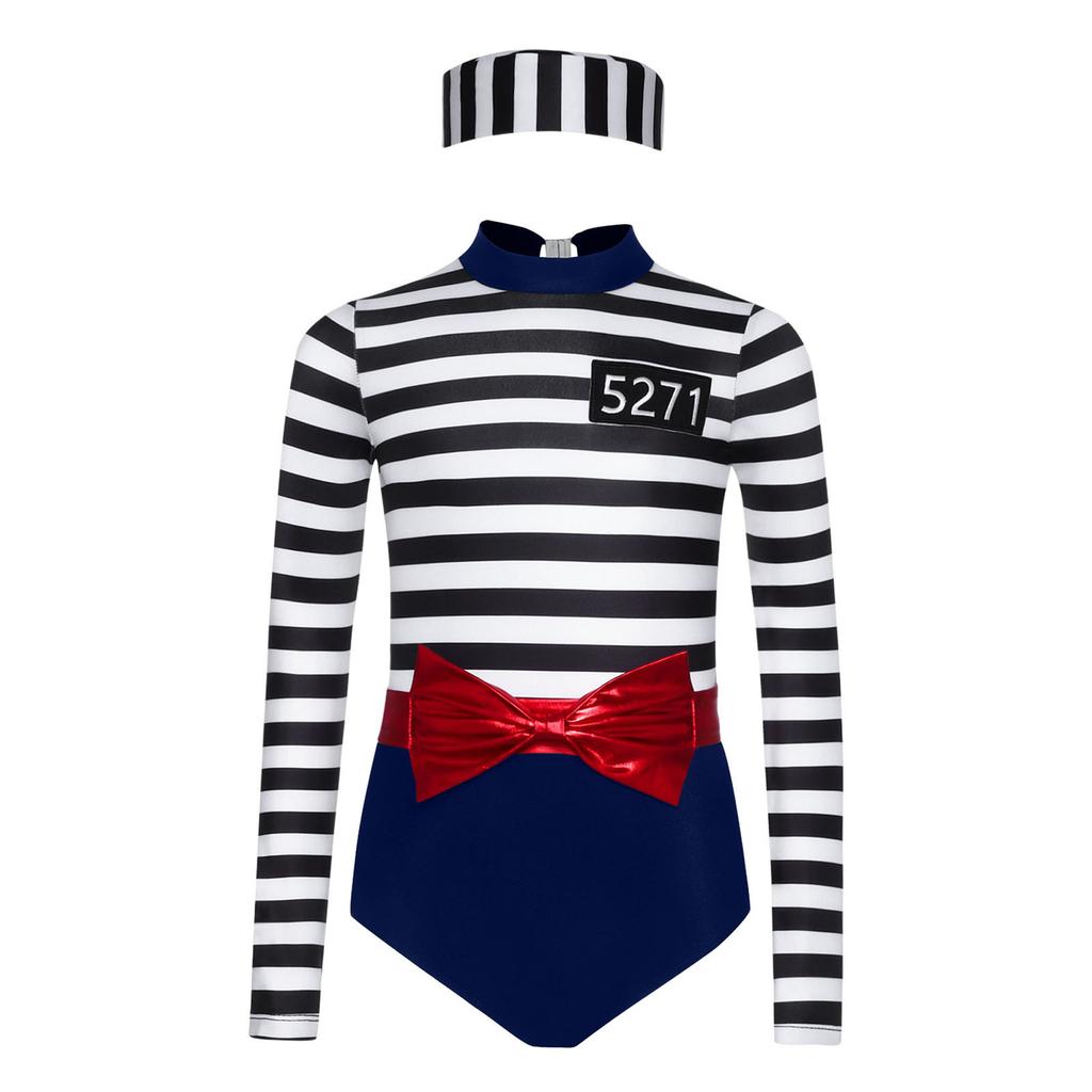 Meisjes Gevangene Kostuum Set Lange Mouw Gestreept Jumpsuit Kruis Drukknopen Bijpassende Tailleband en Gevangene Pet Rollenspel Outfit