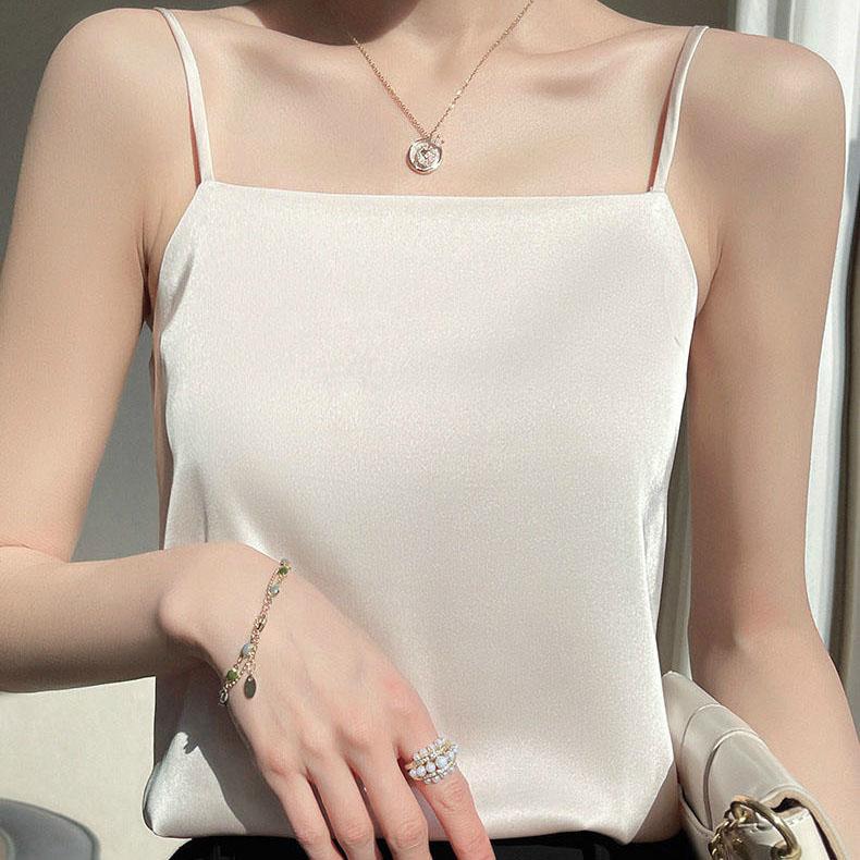 Satynowa kamizelka na ramiączkach, damski biały garnitur z letnim satynowym topem, jednolity kolor, luźny, swobodny top na ramiączkach