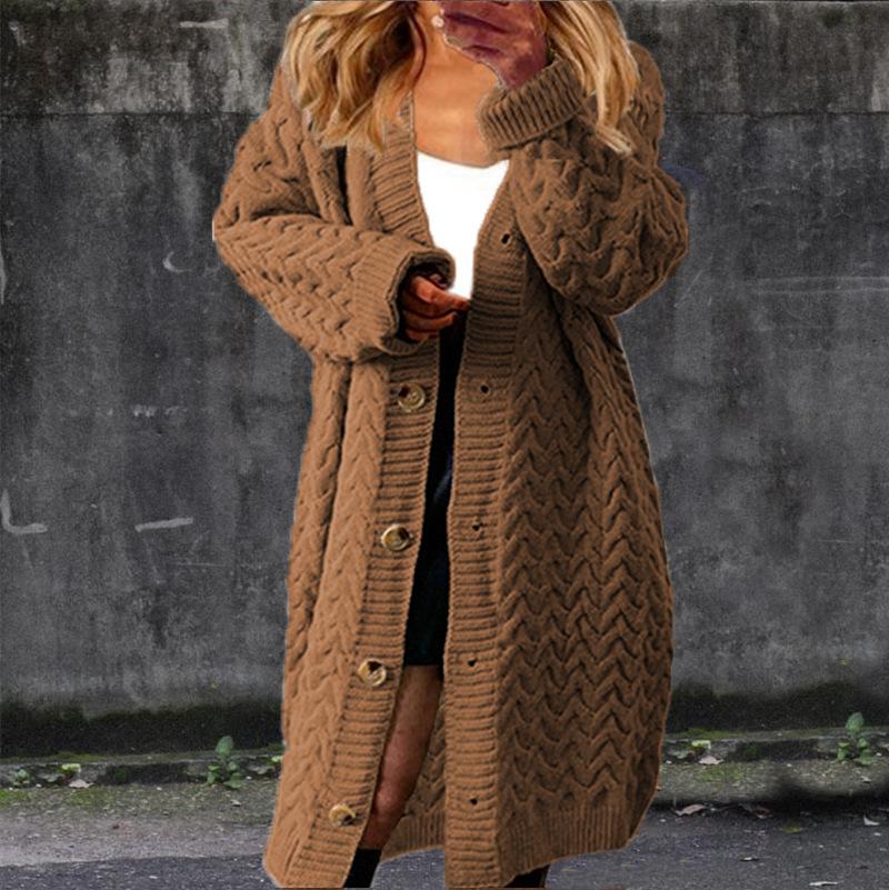 Neuer Herbst- und Winterstil Langer Zopfstrickpullover Damen Einfarbig Knopfleiste Große Strickjacke Mantel