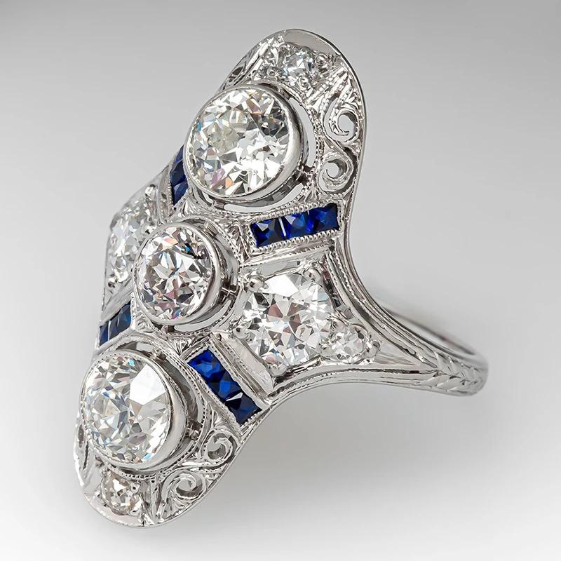 Huitan Gorgeous Wide Rings for Women Unique Design Blue/Green CZ Hollow Rings Vintage Accessories Daily Wear Party Lady Jewelry
