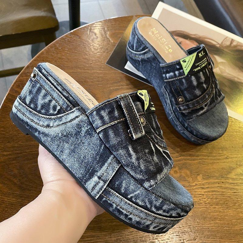 Washed Denim Outer Wear Women's Shoes Muffin Bottom Waterproof Table Sandals Women's New Summer High-heeled Fashion Slippers Women