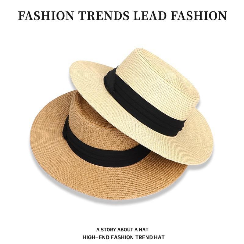 Flat top sunshade straw hat women's straw hat casual wind summer sun protection seaside vacation photo beach hat