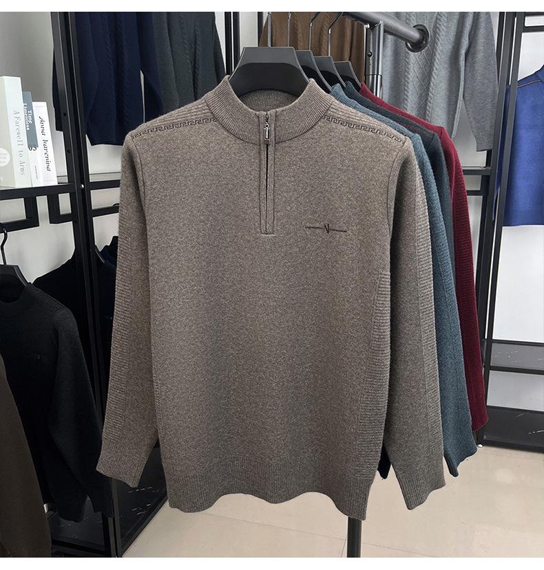 Men's Autumn/Winter Embroidered Knit Sweater: Zipper Stand Collar, Middle-aged Style, Fashionable & Thick, Versatile Warmth