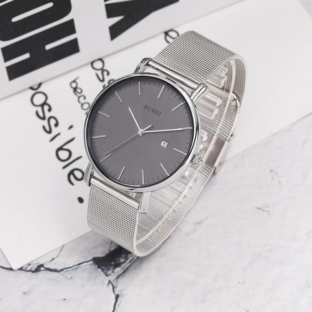 BUREI Men's Analog Quartz Waterproof Date Stylish Simple Milanese Mesh Band Silver Gray Wristwatch