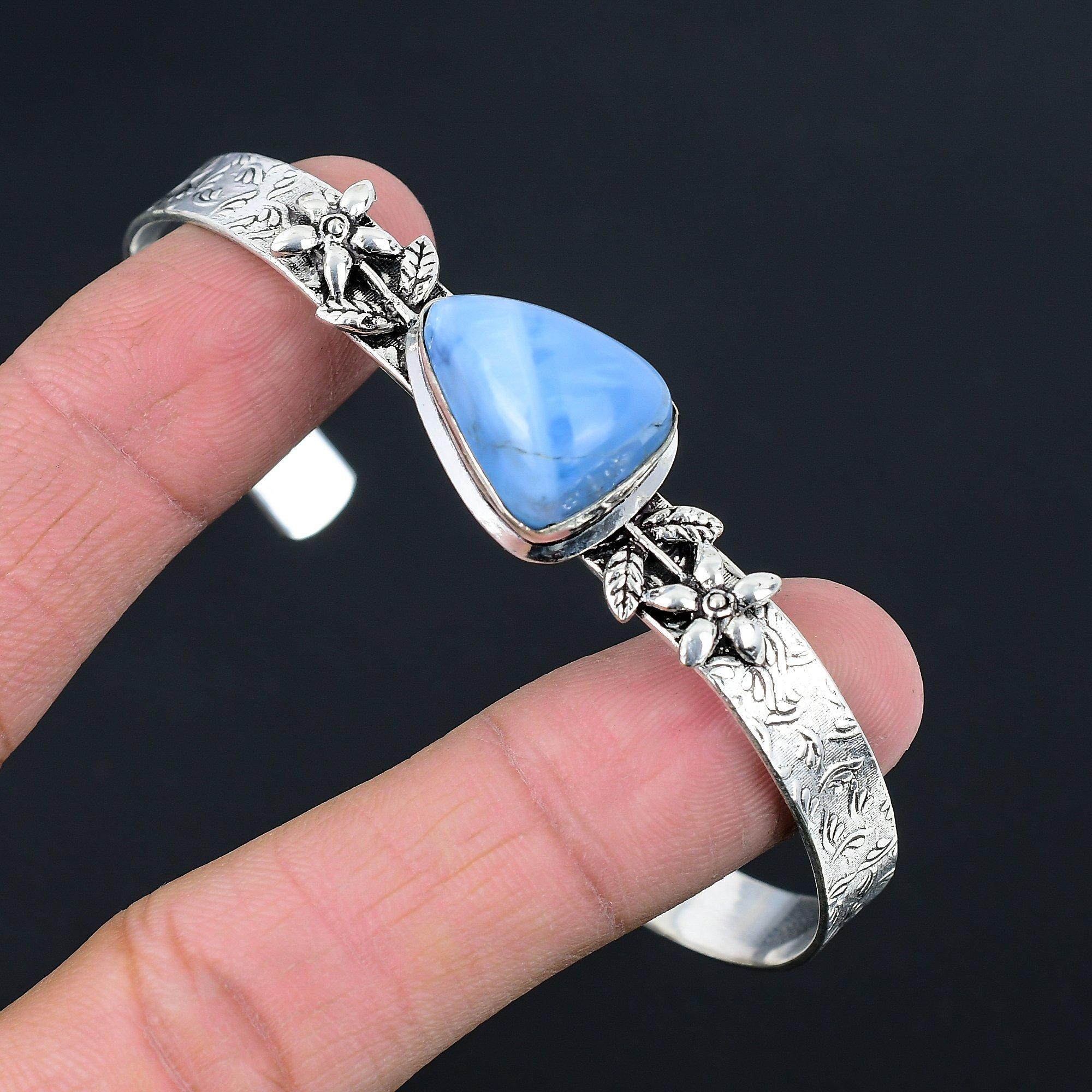 

Sisters Day Sale Natural Owyhee Blue Opal Flower Bangle Bracelet Sterling Silver Adjustable