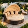 Outdoor Patio Round Daybed with Retractable Canopy, Brown Wicker Furniture Sectional Couch with Washable Cushions, Backyard, Po