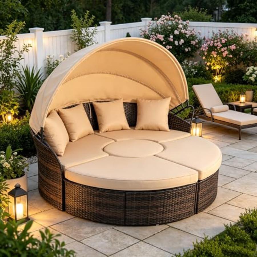 Outdoor Patio Round Daybed with Retractable Canopy, Brown Wicker Furniture Sectional Couch with Washable Cushions, Backyard, Po