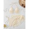 Women's 3 Piece Ruffle Halter Bikini Set Textured Triangle Top Lace Crochet Cover Up Skirt Sexy Summer Beach Hot Spring Bathing Suit Swimwear