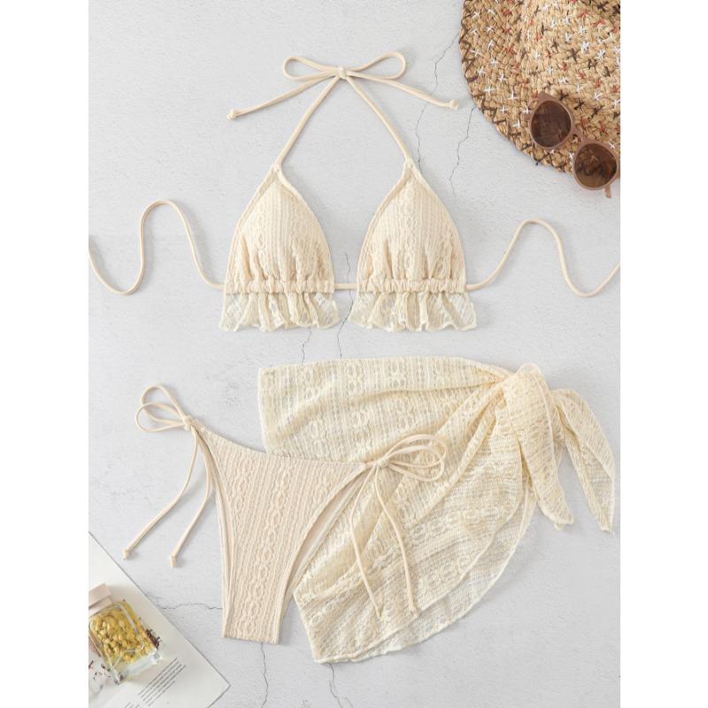 Women's 3 Piece Ruffle Halter Bikini Set Textured Triangle Top Lace Crochet Cover Up Skirt Sexy Summer Beach Hot Spring Bathing Suit Swimwear