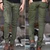 Pantalons Cargo Moto Plis Multi Poches Couleur Unie Coupe Slim Streetwear Hip Hop