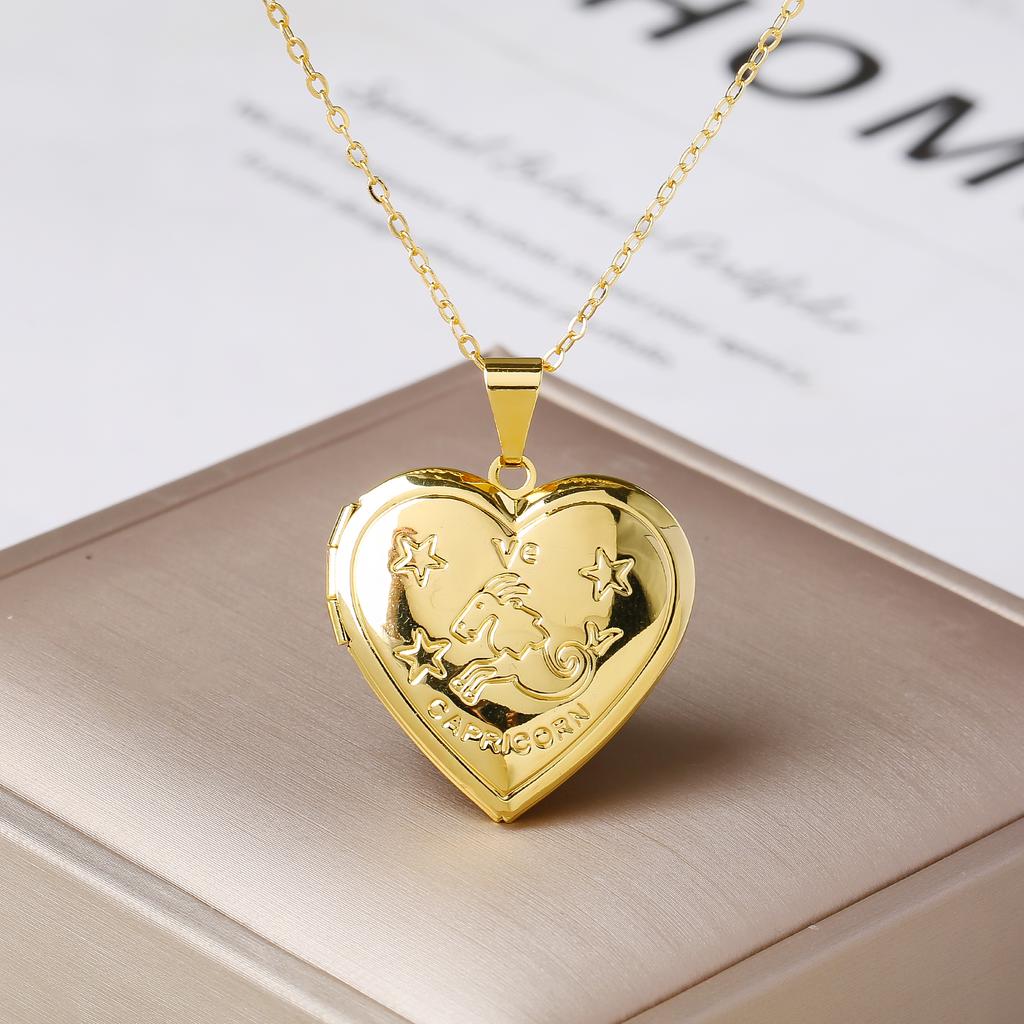 12 Zodiac Signs Openable Photo Frame Heart Locket Necklace for Women Gold Plated Astrology Horoscope Photo Pendant Jewelry Gift