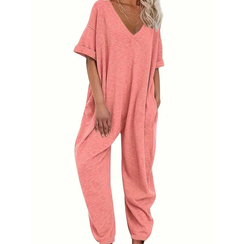 Solid Color V-neck Long Pants Jumpsuit Women Solid V-neck Trousers Jumpsuit