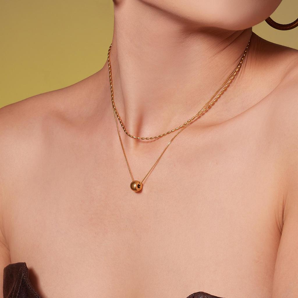 Qiong Yao 18K Gold Plated Double Layer Bead Carved Necklace with Clavicle Chain, Cold Style, Eco-Friendly Titanium Steel for Women.