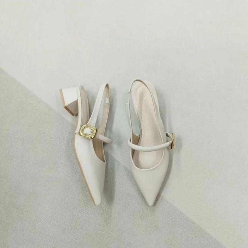 Sandals Single Shoes Women's Summer 2025 New Versatile Soft Leather Thick Heel Soft Sole Temperament Korean Version Shallow Mouth Pointed Shoes