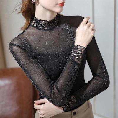 Women's Spring and Autumn Plus Size Slim Solid Colour Mesh Yarn Collar Lace Bottoming Shirt Long-sleeved Shirt