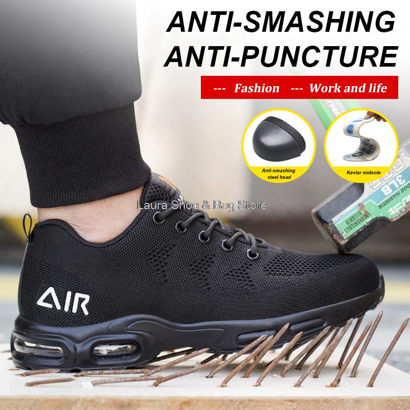 Mode Anti-Smash Sicherheitsschuhe Herren Stahlkappe Sneaker Luftpolster Sport Arbeitsschuhe Männlich Bauarbeit Sicherheitsstiefel Männlich Atmungsaktiv