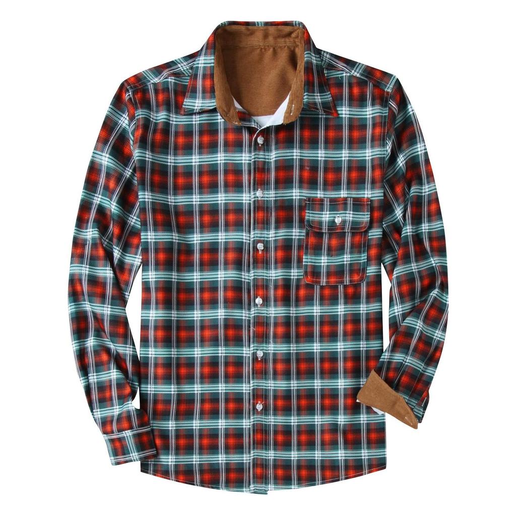 Men's Fashion Casual Loose Plaid Pocket Lapel Long Sleeve Shirt Top Blouse