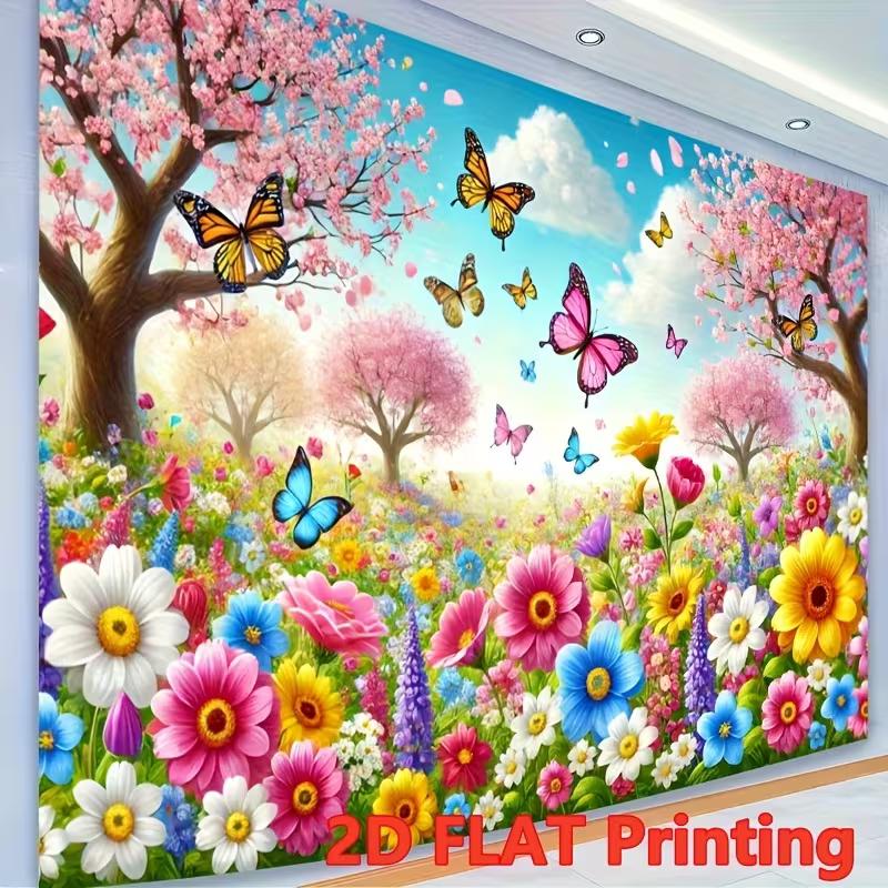 

2D Enchanted Spring Cherry Blossom Tapestry, Colorful Flowers Garden with Butterflies Wall Decor 47.2x31.5inch/120*80cm