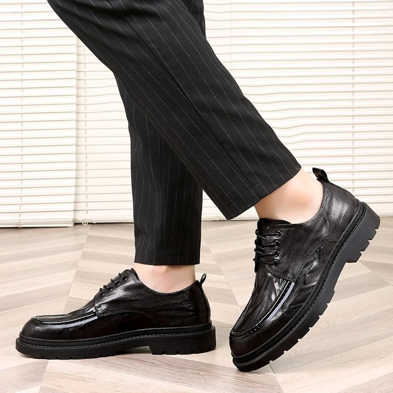 2025 new soft leather men's shoes lace-up round head business casual shoes youth versatile platform men's leather shoes 2025