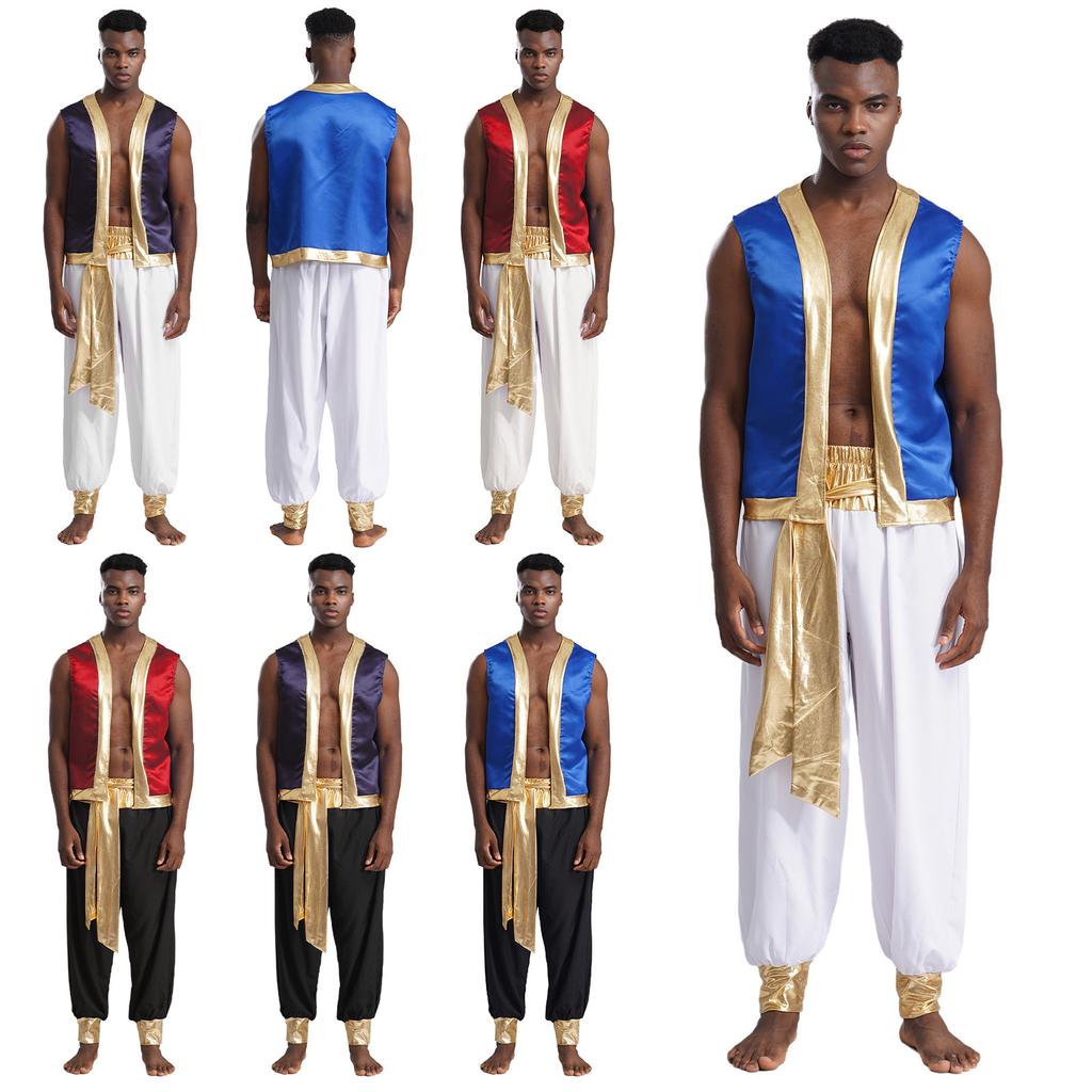 Mens Arabian Prince Costume Set Metallic Shiny Trim Open Front Vest Long Pants Two Piece Party Outfit