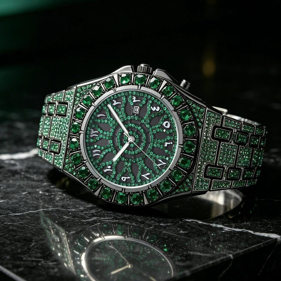 Men Full Iced Out Green Crystal Watch Arabic Numeral Dial Quartz Wristwatch Alloy Band Calendar Hip Hop Bling Jewelry Watches