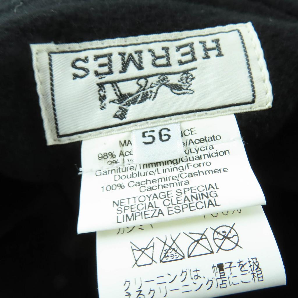 Pălărie HERMES excelentă căptușeală 100% cașmir pălărie acetat negru Femei 56 Folosit