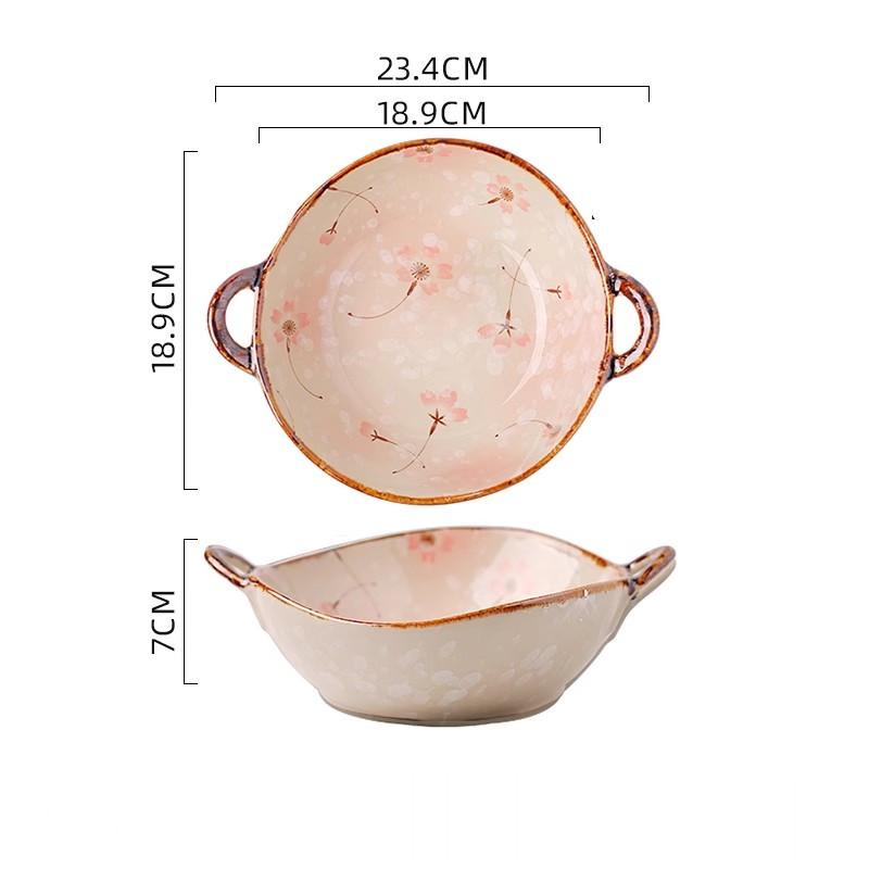 1PC Japanese Style Double-handle Soup Bowl Ceramic Noodle Bowl Kitchen Tableware Pasta Salad Bowl Home Microwave Oven Bakware