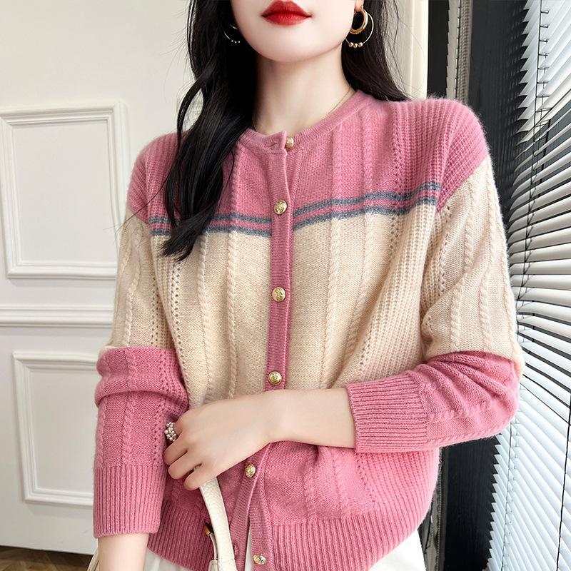 Contrasting Color Crew Neck Autumn and Winter New High-end Striped Versatile Jacket Temperament Knitted Cardigan Sweater Women