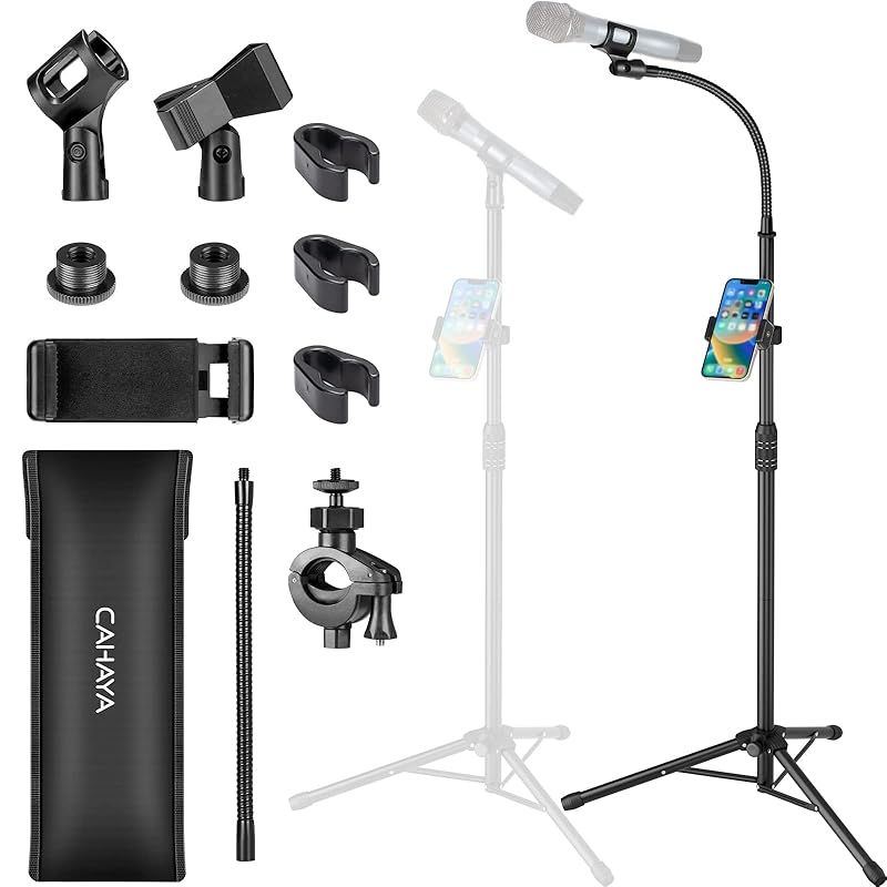 

CAHAYA [Latest 2-way specification/mobile phone holder included] Gooseneck microphone stand straight 83-187cm height adjustable 1 x Gooseneck arm