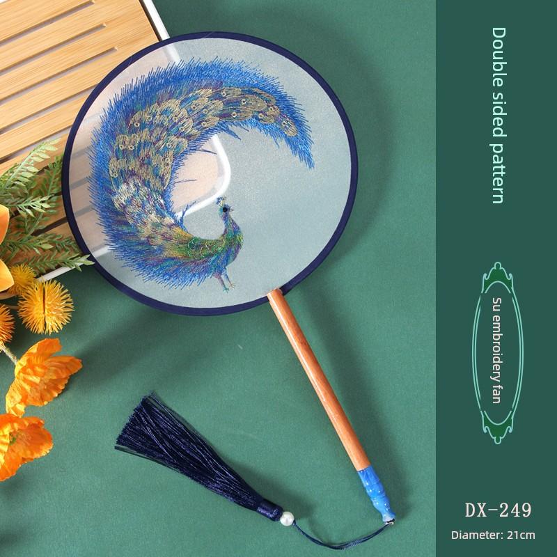 Antique Embroidery Circular Fan Chinese Style Cheongsam Fan Women's Double-Sided Embroidered Transparent round Long Handle Ancient Chinese Clothing