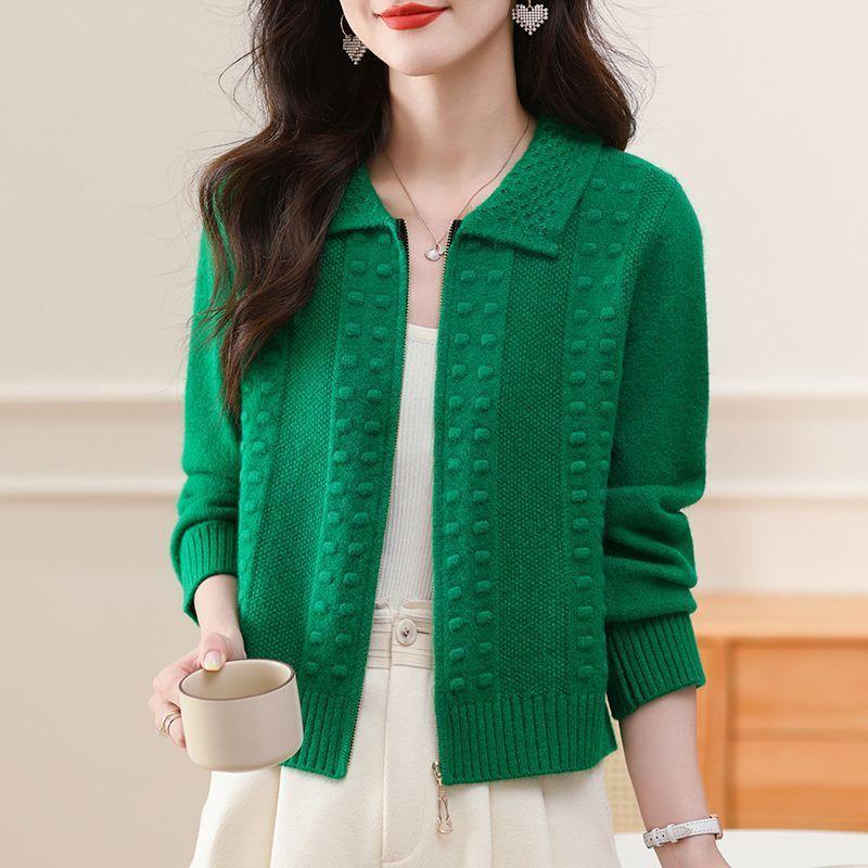 Höst- och Vinter Dam Dragkedja Stickad Kofta Dam Ny Tröja Toppar Moderiktigt Ytterplagg Revers Mode Tröjjacka