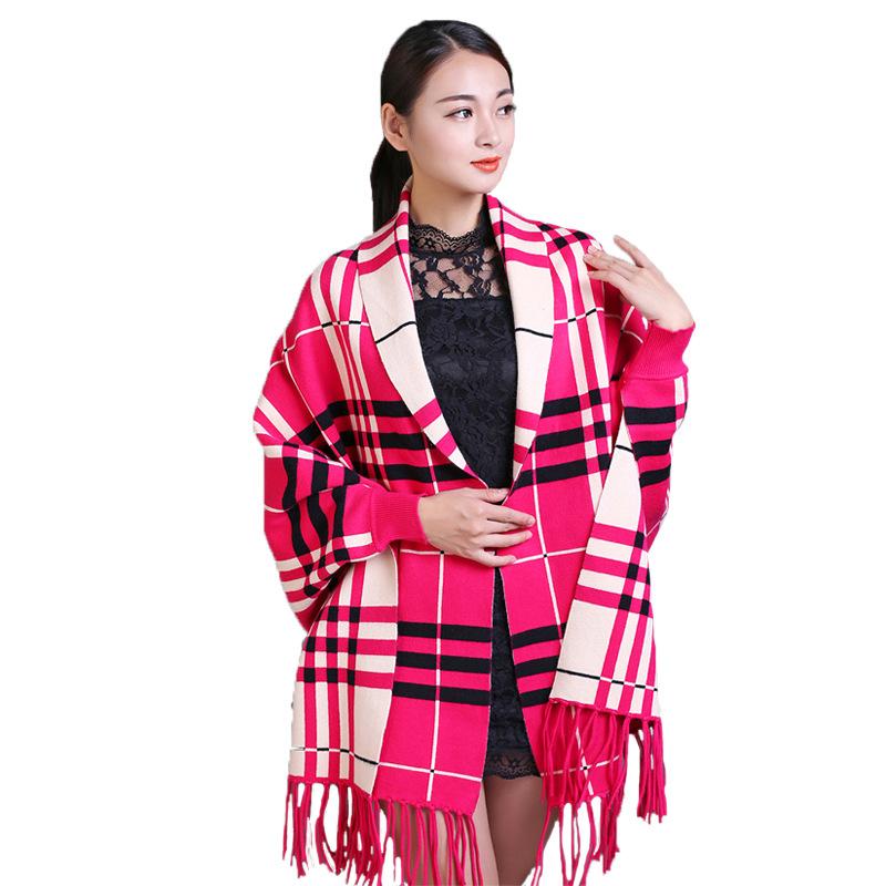 Winter Scarf, Knitted Shawl, Dual-use Multifunctional Plaid Coat for Women, Thickened with Tassels and Sleeves, Cheongsam Cape