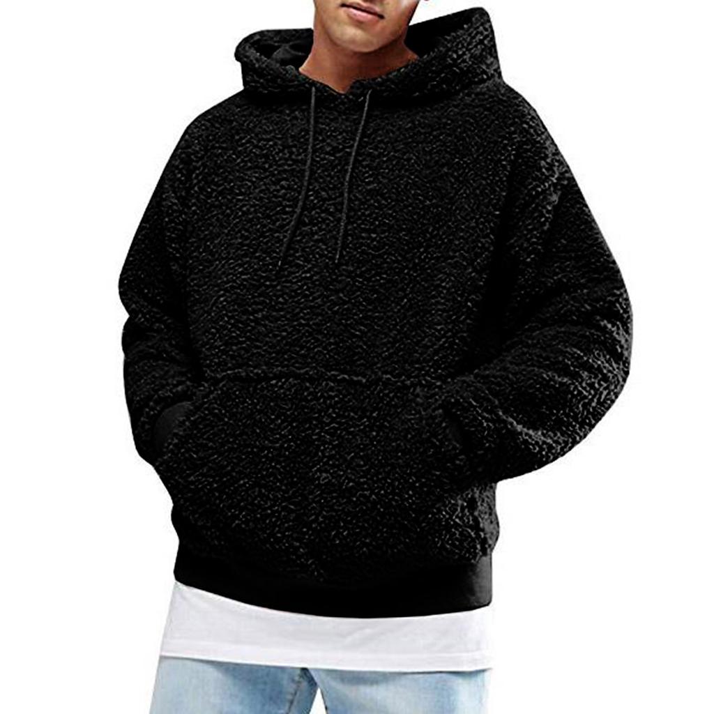 Autumn Winter Men's Sherpa Hoodie Fuzzy Pullover Winter Hoodie Polar Fleece Solid Color Hooded Long Sleeves Pullover Sweatshirt