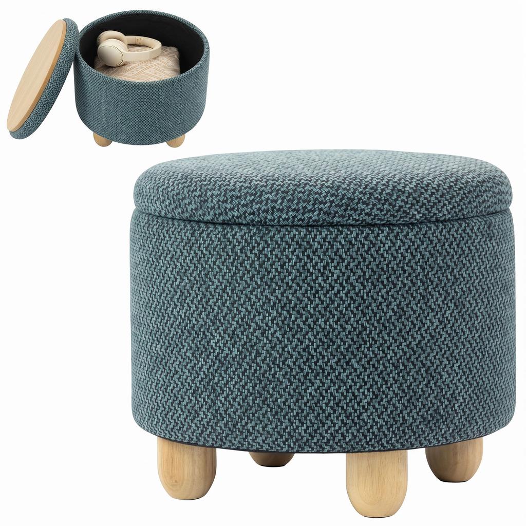 Storage Sitting Bench with Lid, Round Storage Ottoman with Rubberwood Legs, Dark Blue