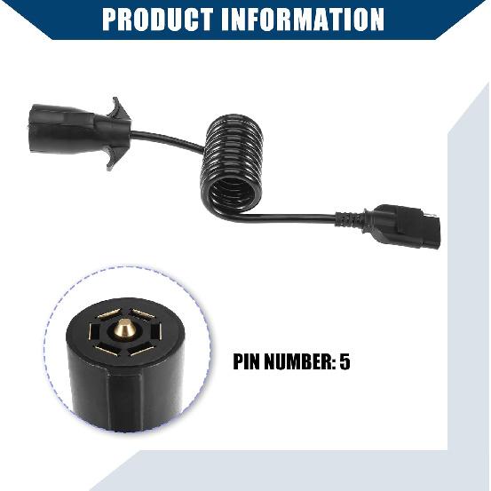5ft 7 Way Round to 5 Way Pin Flat Trailer Wire Coiled Wiring Connector Adapter Plug/Rear for Truck RV Trailer Full Length 5 Foot (60 Inches) /