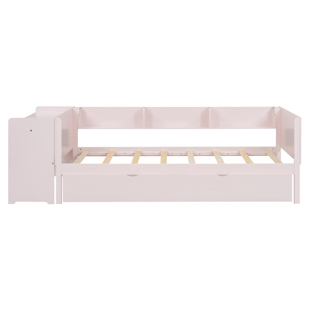 Low Bed 90*200cm, with Pull-out Bed, with Desk, Three Shelves on the Side of the Bed, Pink