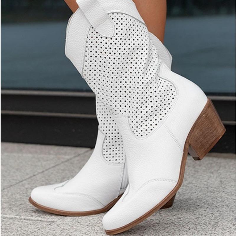 

Мода Большой размер 43 Высокое качество Блочный каблук До середины икры Белые ковбойские сапоги Женщины Винтаж Кантри Концерт Западные сапоги Обувь 43 белый