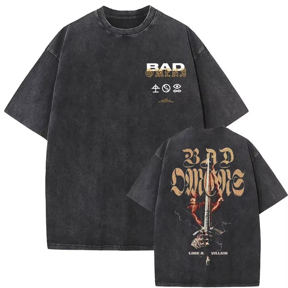 Old-fashioned Bad Omen Band T-shirt Washed and Distressed Short-sleeve Casual Men's and Women's Cool and Handsome